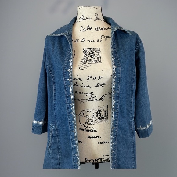 NWT Bleu Bayou Denim Jacket Embellished Rhinestone Trim 3/4 Sleeve Small - Picture 1 of 5
